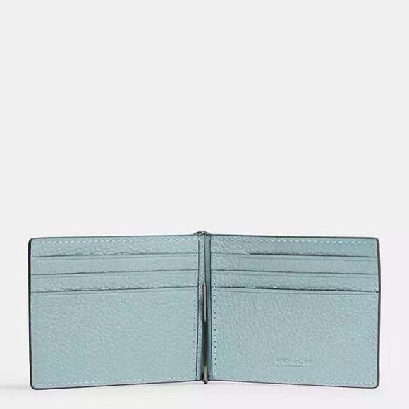 NWT Coach Slim Money Clip Billfold Wallet CH090 Light Blue Pebble Leather - Picture 5 of 6